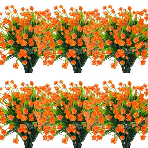 TURNMEON 12 Bundles Artificial Flowers for Outdoors Summer Decorations, UV Resistant Fake Mums Realistic Fake Plants Faux Plastic Flowers for Outdoor Indoor Home Gardens Porch Fall Decor(Orange Red) - color: Orange Red, size: 12 Bundles