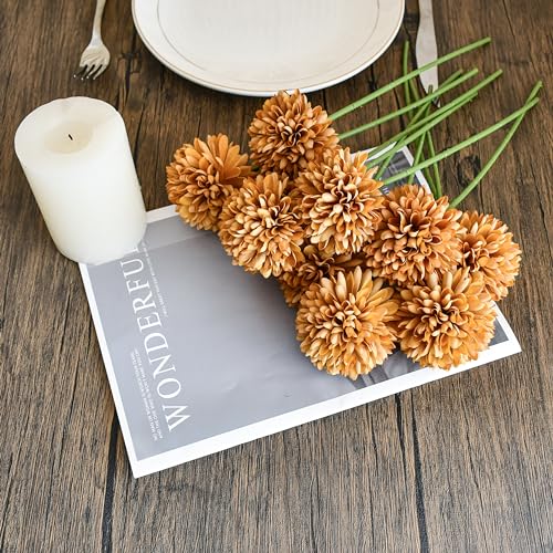 Mandy's 12pcs Artificial Light Brown Chrysanthemum | 11.8 inch Artificial Mums Flowers for Home Table Centerpiece Summer Decor Silk Flowers for Porch Patio and Wedding - color: Light Brown