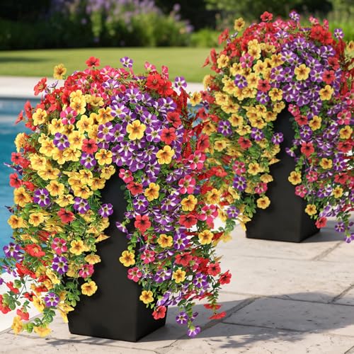 4 Bundles Artificial Hanging Morning Glory Flowers for Outdoor, Realistic Hanging Flowers Silk Fake Morning Glory with Faux Eucalyptus for Yard Garden Porch Patio Balcony Home Decor (Mixed Color) - color: Mixed Color