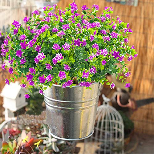 Grunyia 10 Bundles Artificial Fake Flowers, Faux Outdoor Plastic Plants UV Resistant Shrubs Outside Indoor Decorations (Purple-Eucalyptus) - color: Purple-eucalyptus