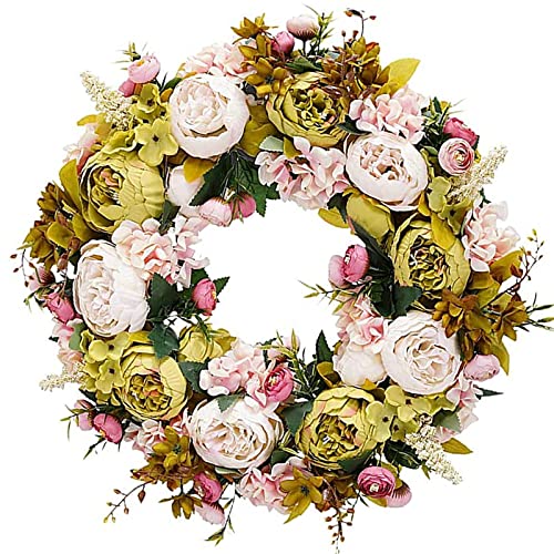 BOMAROLAN Artificial Peony Flower Wreath 19Inch Vintage Blooming Silk Peonies Spring Summer Fall Winter Large Wreaths Flower Green Leaves for Outdoor Front Door Indoor Wedding Wall Or Window Décor - color: White & Green
