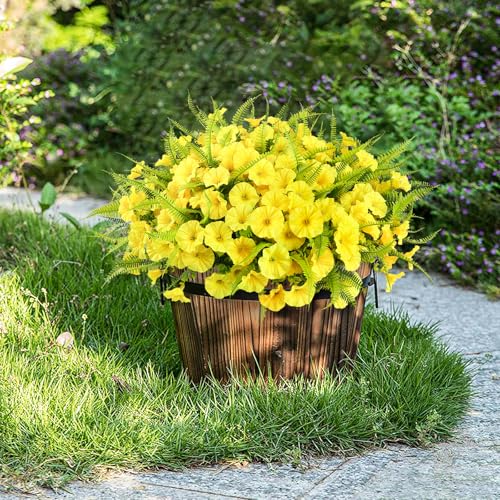 Artificial Flowers for Outdoors 12 Bundles Yellow Artificial Petunias Fake Flowers UV Resistant Shrubs Plants with Fern for Indoor Outside Home Garden Spring Summer Decorations - color: Yellow