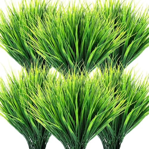 6 Bundles Artificial Plants Outdoors Fake Wheat Grass Faux Greenery Stems Plastic Shrubs UV Resistant for Patio Garden Porch Window Spring Home Decor, Green - color: 6bundles-green Grass
