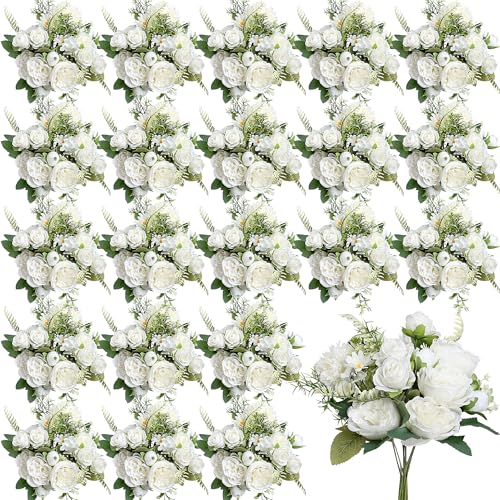 Peonies Artificial Flowers, 24 Bundles Silk Fake Peonies Faux Peony Arrangements for Spring Summer Wedding Bouquet Home Bridal Baby Shower Party Event Centerpieces Vase Office(White) - color: White
