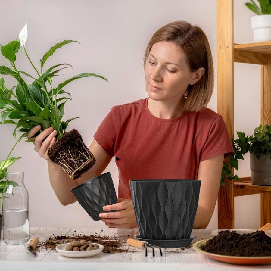 7 Inch Plant Pots 5 Pack, Flower Planters with Drainage Holes and Trays,Plastic Pots for Indoor Outdoor Plants,Black - color: Black, size: 7inch 5pc