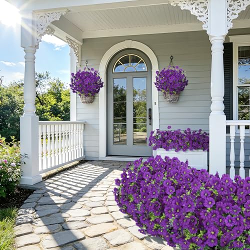 Roberly 12 Bundles Artificial Flowers for Outdoors, Fake Flowers Silk Morning Glory with Eucalyptus UV Resistant Faux Plants for Spring Summer Garden Outside Porch Patio Yard Home Decor, Purple - color: Purple