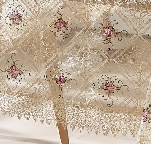 LinenZone Gold Farmhouse Tablecloth with Colorful Flower Design. 70 Inch Round Tablecloth for Small Table, Dresser, Coffee Table. Macrame Cover for Farmhouse Decor. (Viola 70 Round, Linen) - color: Linen, size: 70" (Round)