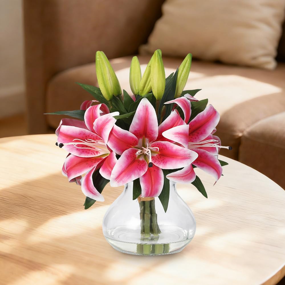 Artificial Tiger Lilies, 6 Stems Real Touch Silk Flowers with Glass Vase, 13 Inch Lifelike Fake Flowers for Home Decor, Wedding, Office, Table Centerpiece, Pink - color: Tiger Lily ,Pink
