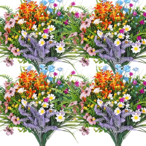 Hotop 36 Bundles Artificial Plants Flowers for Outdoor UV Resistant Greenery & Fake Wildflowers Faux Plastic Plant No Fade for Hanging Planter Porch Window Home Wedding Summer Decor(Bright Colors) - color: Bright Colors