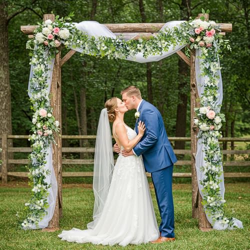 6FT Eucalyptus Garland with Flowers, 8 Pack Artificial Greenery Garland Hanging Faux Eucalyptus Garland Suitable for Table Wedding Backdrop Arch Wall Party UV Protected Indoor Outdoor Decor - size: 8 Pack