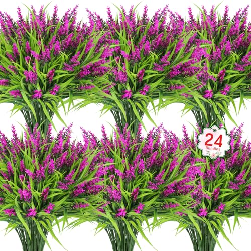 Ouddy Decor 24 Bundles Artificial Flowers for Outdoors, Fake Lavender Flowers Monkey Grass Faux Plastic Plants Shrubs UV Resistant for Porch Garden Window Box Office Home Decorations, Fuchsia - color: Fuchsia
