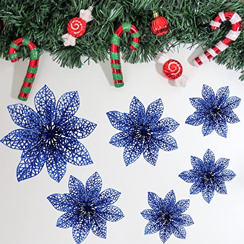 Wironlst 24 Pieces Glitter Poinsettia Flowers Christmas Tree Ornaments, Glitzy Poinsettia Bushes Christmas Decorations for Xmas/Holiday/Seasonal/Wedding (Blue) - color: Blue 1