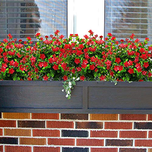 Grunyia 10 Bundles Artificial Fake Flowers, Faux Outdoor Plastic Plants UV Resistant Shrubs Outside Indoor Decorations (Red-Eucalyptus) - color: Red-eucalyptus