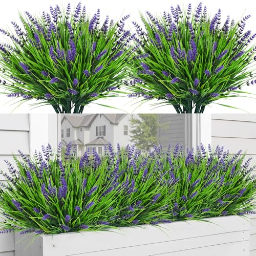 Bassion Artificial Flowers for Outdoors, 24 Bundles Fake Lavender Flowers UV Resistant Violet Plastic Plants Faux Monkey Grass for Home Porch Garden Window Box Indoor Outdoor Decorations - color: Violet