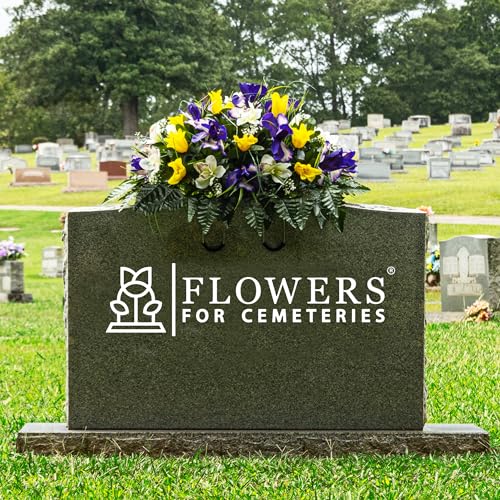 Sympathy Silks Artificial Cemetery Flowers - Grave Decoration - Yellow Tulip and Purple Iris (1) Headstone Saddle - color: Yellow/Purple, size: (1) Saddle