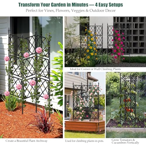 WellSign Garden Trellis for Climbing Plants Outdoor 5.25 FT, Iron Pipe Metal Support Wall Tall Plant Trellis Lattice Fence Plant Support with Garden Twist Tie for Ivy Vines Rose - color: Black