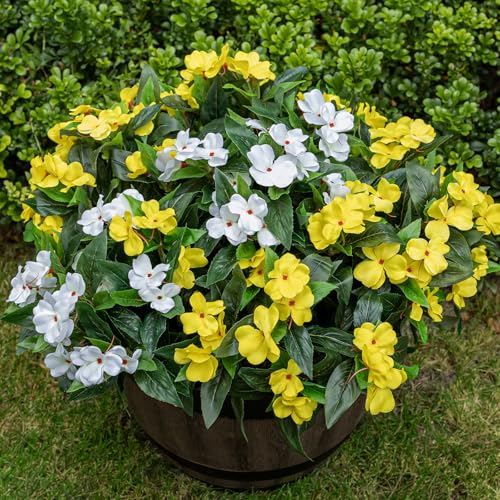 Nigirior Artificial Fake Flowers for Outdoor Décor 6 Bundles UV Resistant Fake Plants for Planter Faux Impatiens for Home Porch/Garden Stunning（Yellow/White） - color: Yellow/White