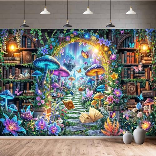 5X3ft Fantasy Library Garden Backdrop Enchanted Archway Glowing Mushrooms Flowers and Floating Books Magical Fairy Forest Photography Background for Birthday Party Photo Booth Studio Decor - color: Multi11, size: 5X3FT