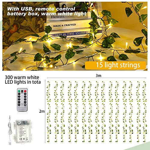 Unittype 15 Pcs 6.6 ft 300 LED Fake Ivy Vines with Lights for Bedroom String Fairy Light Curtain Artificial Hanging Vines Plant Garland with Light for Wall Outdoor Indoor Decor(Ivy Leaf) - style: Ivy Leaf