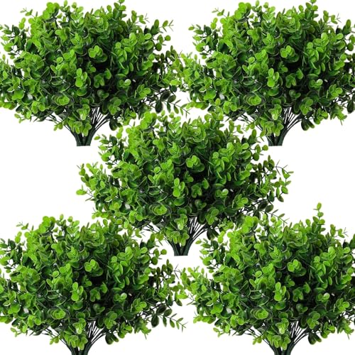 RECUTMS 12 Bundles Artificial Bushes Greenery Plants Stems Faux Shrubs Boxwood Plants Outdoor Fake Eucalyptus for Spring Summer Farmhouse Home Office Wedding Graduation Indoor Outdoor Decor(Green) - color: Green, size: 12 Pcs