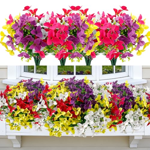 24 Bundles Artificial Flowers for Outdoors，Plastic Flowers Uv Resistant Fake Plants Bulk for Spring Summer Hanging Planter Porch Window Garden Home Decor