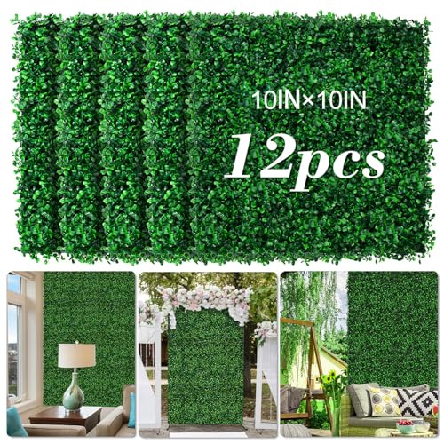 AOKIIE 10"x10" Artificial Grass Wall 12Pcs UV-Anti Boxwood for Outdoor | Grass Wall Panels UV-Anti & Weatherproof Boxwood Hedge, Privacy Greenery Screen for Outdoor Patio, Garden Fence Backdrop - size: 10X10 12PCS