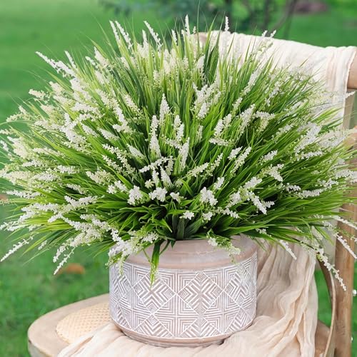 Artificial Fake Outdoor Plants Flowers for Summer Decoration,10 Bundles Faux Plastic Tall Monkey Grass Greenery UV Resistant Realistic for Home Outside Planter Window Porch Patio Garden-White - color: White
