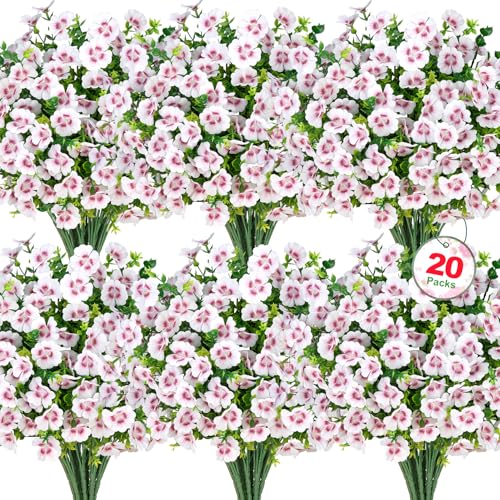 Roberly 20 Bundles Artificial Flowers for Outdoors, Fake Silk Flowers with Plastic Eucalyptus Greenery Stems Realistic Faux Plants for Spring Summer Porch Patio Yard Garden Vase Home Decor, White - color: White