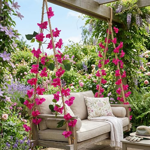 Bougainvillea Artificial Flowers Garlands, 3.94ft 2PCS Detachable UV Resistant Faux Bougainvillea Hanging Flowers Vines for Outdoor Patio Garden Decor(Fuchsia) - color: Fuchsia