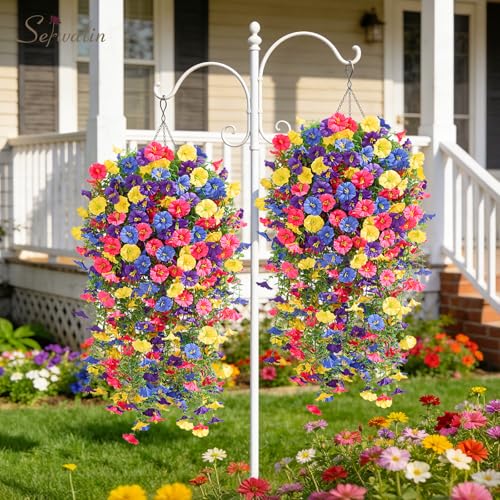 Serwalin Artificial Hanging Flowers for Outdoors UV Resistant, 4PCS Faux Morning Glory Fake Outdoor Flowers Realistic Silk Flower Faux Plants for Outside Planter Front Door Porch Patio Yard Decor - color: Purple, Yellow, Blue& Hot Pink