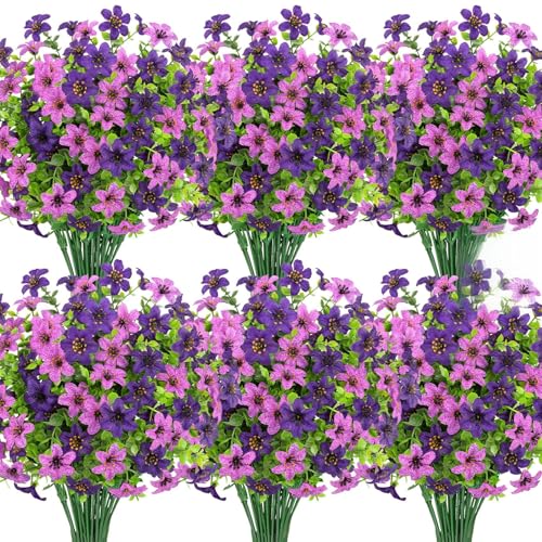 20 Bundles Artificial Flowers for Outdoors, Fake Silk Flowers UV Resistant Faux Realistic Plastic Plants for Spring Summer Porch Patio Garden Planter Window Box Home Decor, Double Purple - color: Double Purple