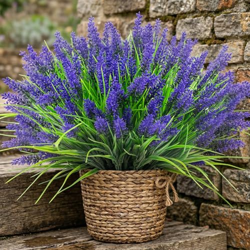 Rowfad 22 Pcs Artificial Outdoor Flowers UV Resistant Lavender Fake Greenery Plants Grass with Purple Flowers for Pot Decor for Window Garden Patio Hanging Planter Pathway Front Porch (22, Purple) - color: Purple