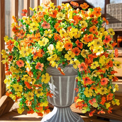 INSPRING Artificial Flowers for Outdoors Fake Mums Hanging Plants Decor, 2Pcs Silk Daisy with Eucalyptus UV Resistant Look Real Trailing Vines for Planter Front Door Patio Yard, OrangeYellow - color: Orangeyellow