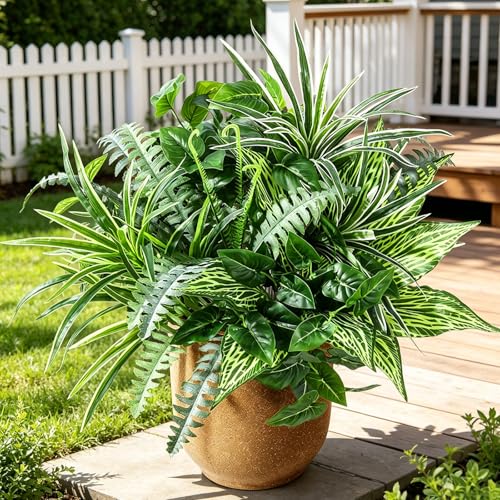 Pertivery 10 Bundles Artificial Plants, UV Resistant Outside Faux Plants Bushes, Large Fake Realistic Plastic Leaves and Stems, for Outdoor Garden, Patio, Yard,Porch Decor (Green) - color: Green