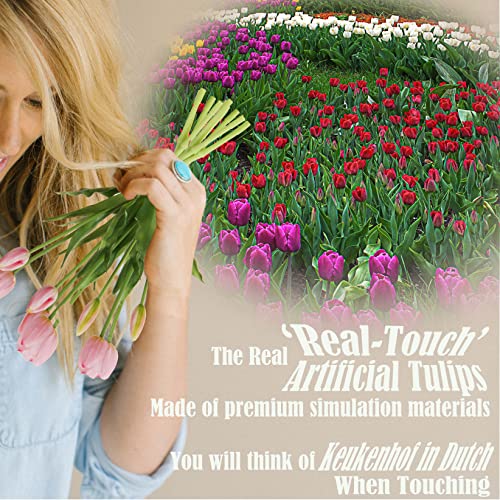 20pcs Artificial Tulip Flowers,16 Inch Real Touch Tulip Stems with Faux Leaves, Faux Tulips and Buds for Home Décor Centerpiece Ornament Wedding Bouquet,Pink - color: Pink