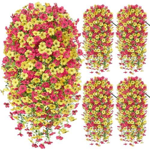Artificial Hanging Flowers for Outdoors Spring Summer Decoration, 4PCS UV Resistant Silk Fake Hanging Plants for Patio Porch Front Yard Window Garden Indoor Decor(Hot Pink&Yellow,4PCS) - color: Hot Pink&yellow, size: 4PCS