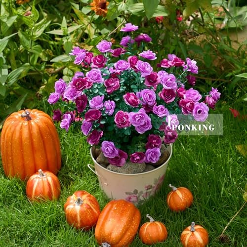 Artificial Flowers for Outdoors Patio Decoration 6 Bundles Fake Flower Rose Head UV Resistant Faux Plants Yard Garden Porch Home Boxwood Planter Patio Decor, Mix Light Purple & Deep Purple Flower - color: D Purple Rose 6pcs