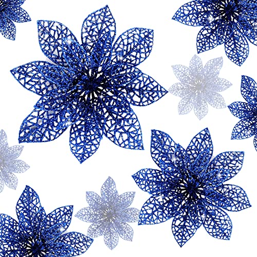 Wironlst 24 Pieces Glitter Poinsettia Flowers Christmas Tree Ornaments, Glitzy Poinsettia Bushes Christmas Decorations for Xmas/Holiday/Seasonal/Wedding (Blue) - color: Blue 1