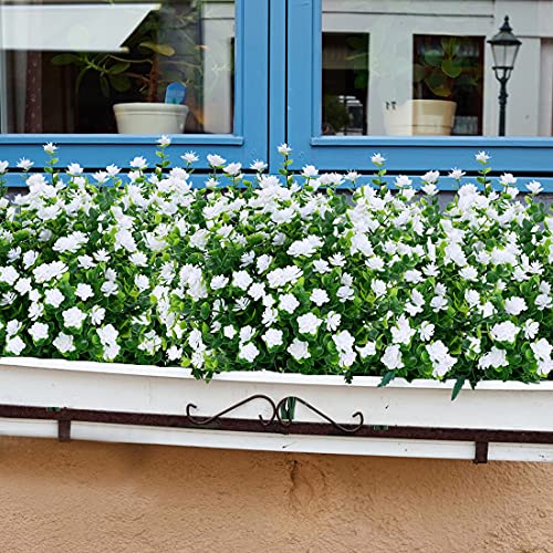24 Bundles Artificial Flowers Fake Boxwood Shrubs UV Resistant No Fade Faux Greenery Faux Plastic Lotus for Home Garden Hanging Planter Indoor Porch Patio Office Wedding Decoration(White) - color: White