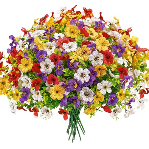 Der Rose 12 Bundles Artificial Daisy Fake Flowers for Outdoors, UV Resistant Colorful Silk Faux Flowers for Spring Home Porch Garden Decor - color: Multi-color a