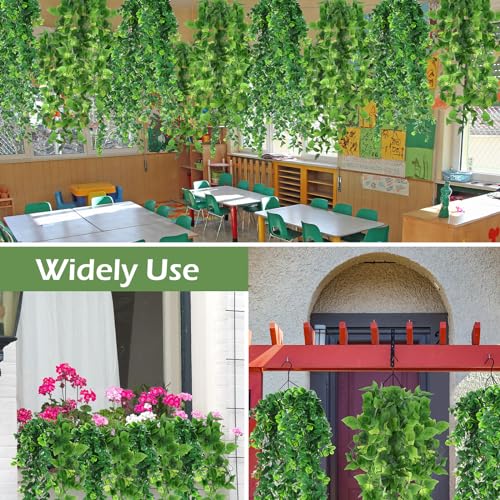 Hoteam 12 Pcs Artificial Hanging Plants 32 Inch Fake Ivy Vines with Fake Leaves Patio Artificial Plants Greenery for Living Room Indoor Outdoor Wall, No Basket (Pothos,Eucalyptus) - color: Pothos, Eucalyptus