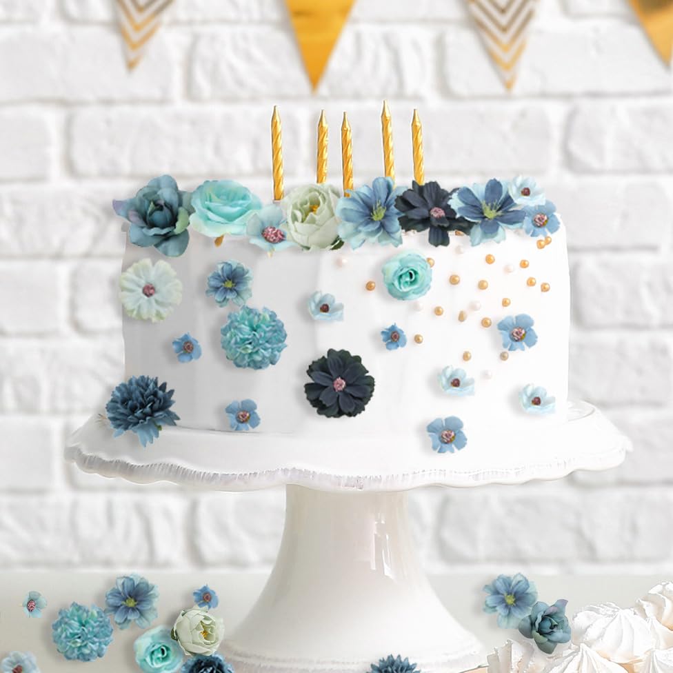 rongflower Faux Flower Heads Small Silk Artificial Flower DIY Fake Mini Flowers Rose Daisy Multicolor Flowers Craft Supplies for Wedding Party Wreath Graduation Season Party Home Decor (45, Blue) - color: Blue