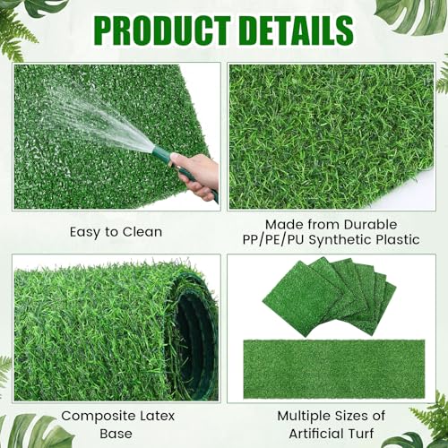 7 Pcs Artificial Grass Table Runner Set 12" x 36" Faux Grass Table Runner 12" x 12" Green Square Placemats Washable for Golf Themed Party, Dining Decorations, Wedding, Turf Patch DIY Craft