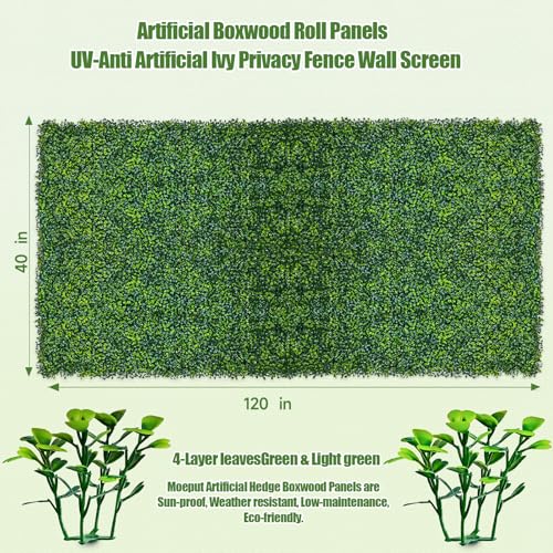 Artificial Boxwood Roll,120x40 in (34 sqft) UV-Anti Faux Ivy Boxwood Hedge Leaf Grass Wall for Patio Balcony Privacy, Garden, Backyard Greenery Wall Backdrop and Fence Decor - size: Boxwood 120X40 IN