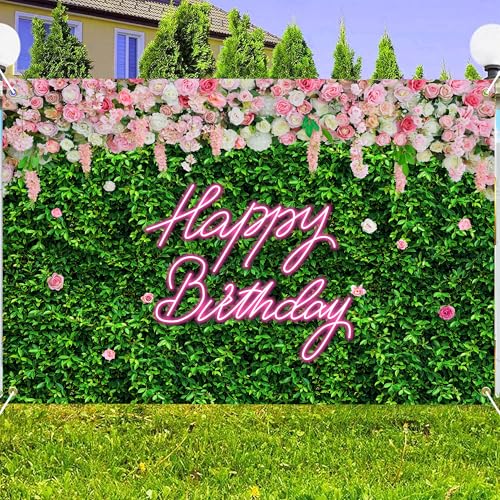 9x6 FT Happy Birthday Backdrop Large Green Grass and Flower Wall Background for Woman Men Birthday Party Decorations Banner Photo Booth Supplies Polyester - color: Grass Flower, size: 9x6 FT