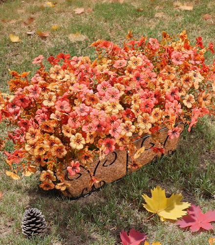 florisso Artificial Fall Flowers Fake Mums for Outdoor Autumn Decoration, 12 Bundles Faux Silk Orange Yellow Mums Daisy Look Real UV Resistant for Outside Home Porch Patio Planter - color: Fall Orangeyellow
