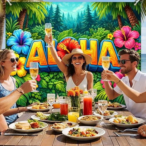 BlissYard Aloha Backdrop 8x6ft Hawaiian Luau Party Tropical Photo Booth Background Cloth for Photography, Hibiscus Flowers Palm Leaves Jungle Island Banner for Summer Birthday Wedding Event Decor - color: Aloha Backdrop#3