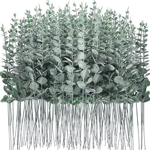 Canlierr 200 Pcs Eucalyptus Stems Faux Greenery Artificial Eucalyptus Leaves Decor Greenery Stems Branch for Wedding Centerpiece Flower Bouquet Farmhouse Home (Dark Green) - color: Green