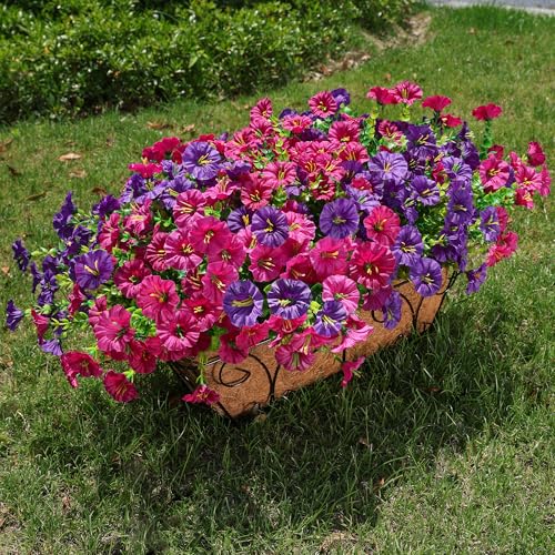 HyeFlora Artificial Flowers for Outdoors Fake Plants Outside Decoration, 12 Bundles Silk Colorful Morning Glory with Eucalyptus UV Resistant Realistic Faux Flowers for Planter Porch Patio Yard Garden - color: Purple Fuchsia