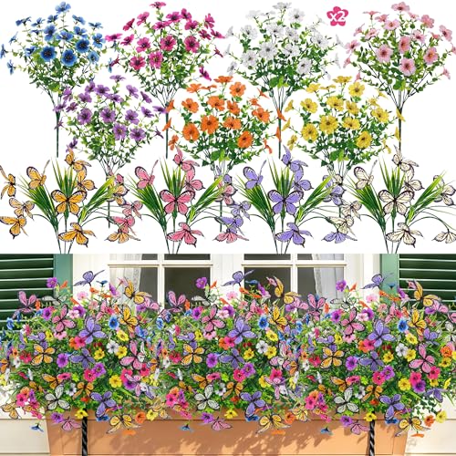 Der Rose 12Pcs Artificial Flowers for Outdoors with Large Fake Butterfly Flowers, Colorful Faux Flowers UV Resistant Outdoor Plants for Porch Patio Garden Window Box Outside Decor - color: Colorful D